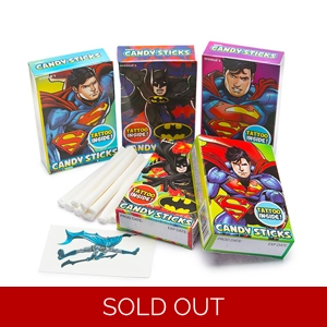 Batman & Superman Candy Sticks an Tattoo 15g SINGLE BOX